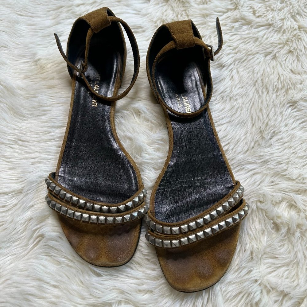 Saint Laurent Tan Studded Suede Ankle-Strap Flat Sandal Women's 38.5 - Picture 3 of 8